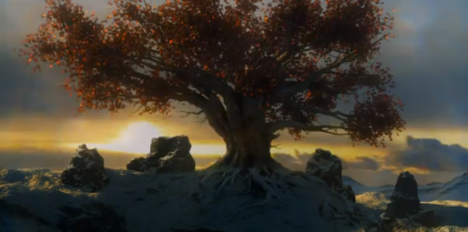 The weirwood tree in Bran's vision; he hears the words "Find me, beneath the tree."